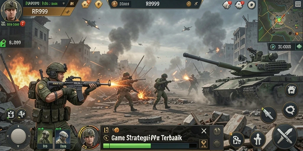 Tampilan gameplay RR999 dengan strategi perang yang mendebarkan.