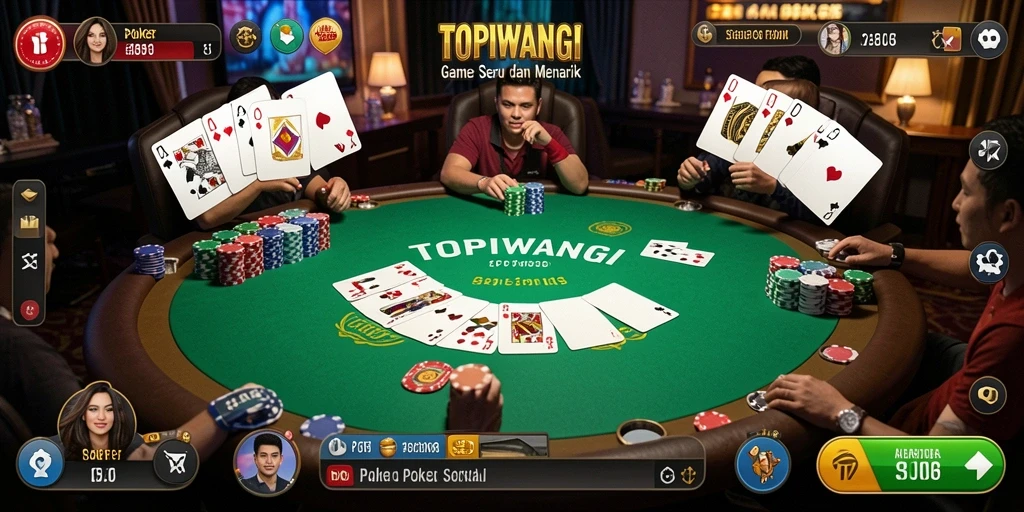 Screenshot gameplay <strong>TOPIWANGI</strong> yang menunjukkan suasana permainan Poker yang mendebarkan.
